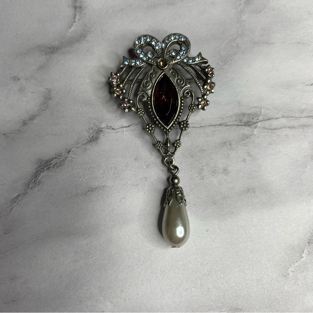 Vintage rhinestone pearl bow brooch pin jewelry